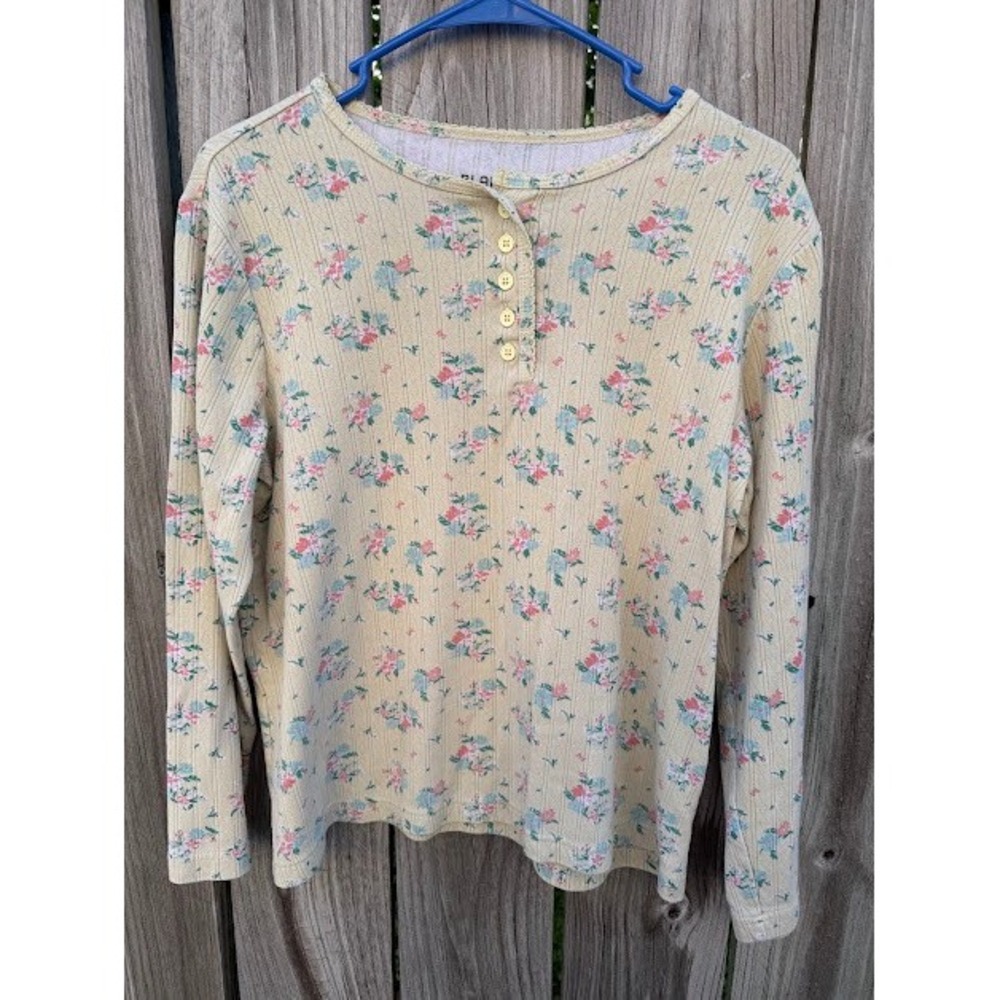 Cottagecore Blair Henley Top Women M Yellow Long Sleeve Pointelle Button Neck